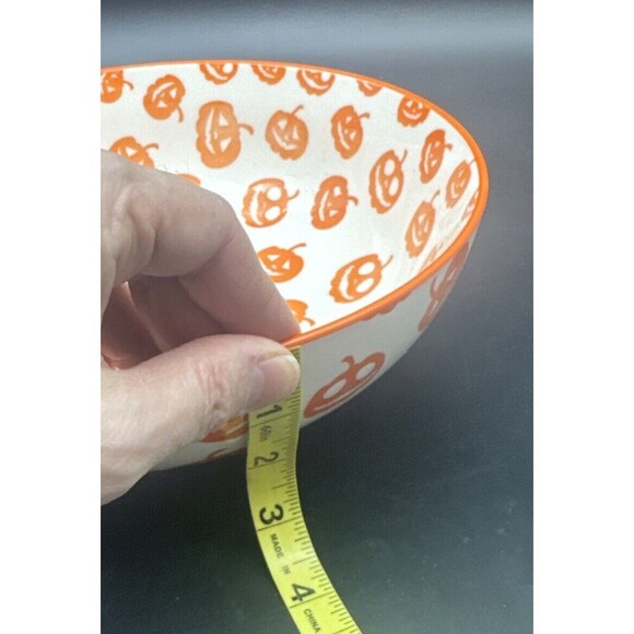 MugShotz Stoneware Orange White PUMPKIN Jack O Lantern Footed Serving Bowl 10” - Picture 7 of 7